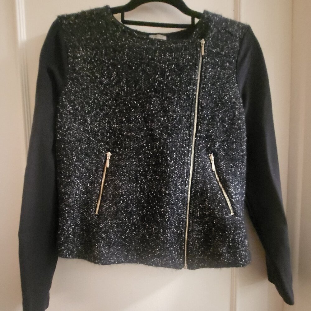 Tristan Charcoal Tweed Moto-Style Wool Blend Jacket - Size Medium
